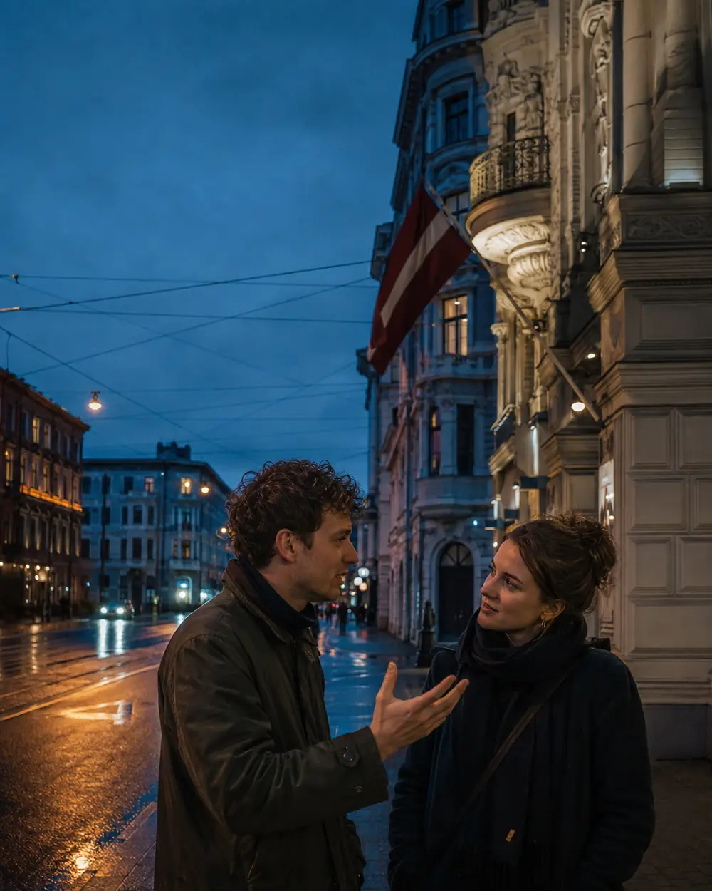 Two people speaking together on a Riga street at blue hour