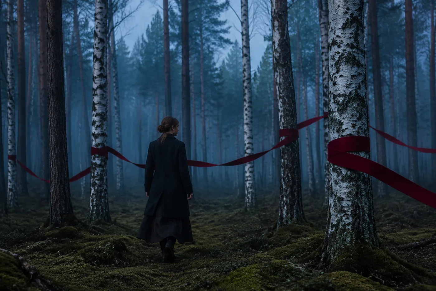 A figure moving through a misty Latvian birch forest